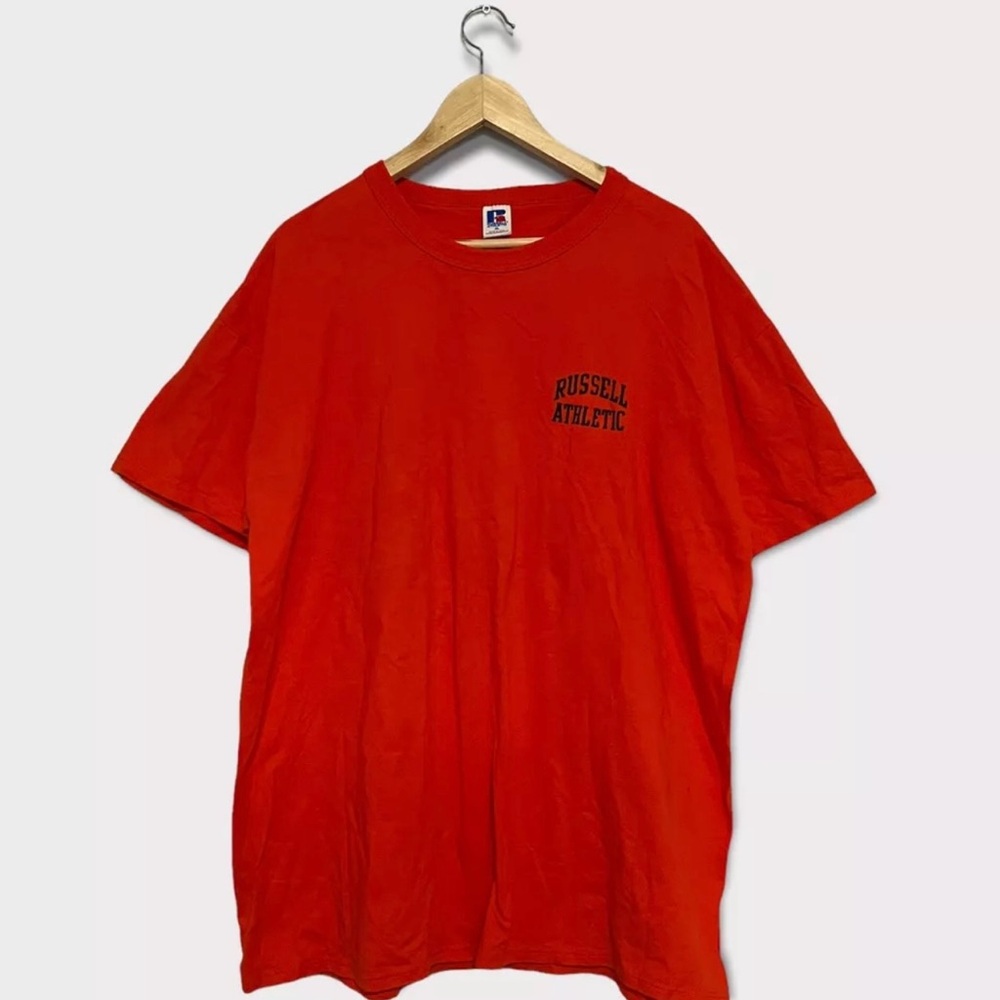 VTG  90s Russell Athletice Embroided Logo Tshirt Size XL Made in Usa EUC ORANGE